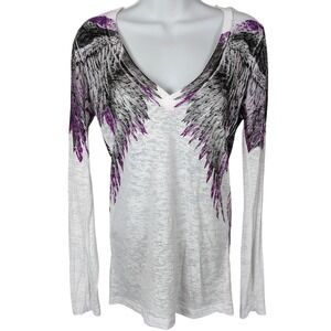 Rebel Saints Womens L White Purple Angel Wings Burnout V-Neck Long Sleeve Tee